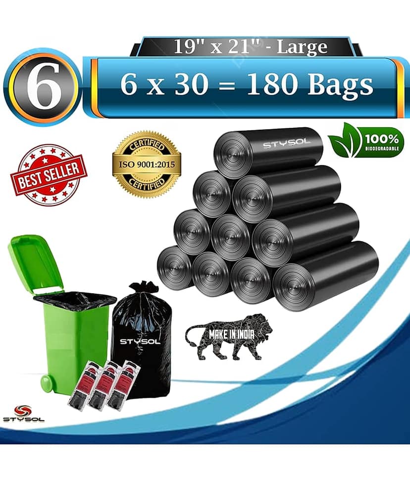 180 Bags (6 Rolls) Premium Biodegradable Garbage Bags 19 X 21 Inches (Medium Size) Dustbin Bag/Trash Bag - Black Color