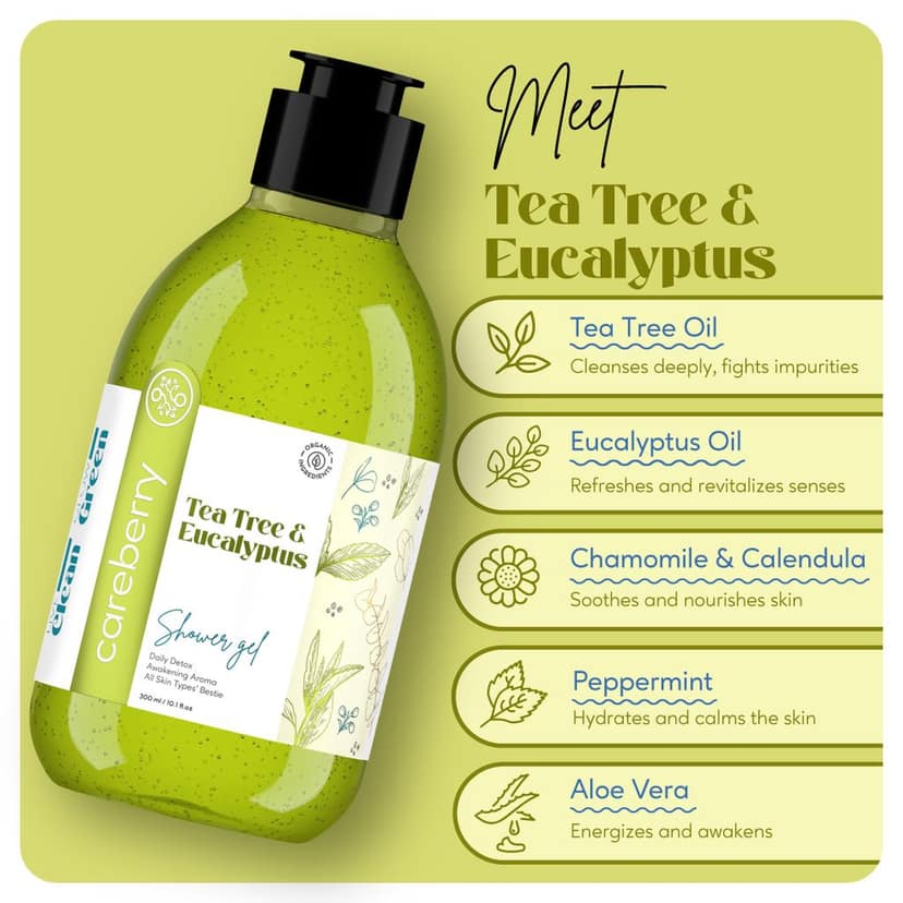 Careberry Organic Tea Tree & Eucalyptus Oil Shower Gel, For Daily Detox, Ayush Certified Ayurvedic, Sulphate & Paraben Free 300ml view 4