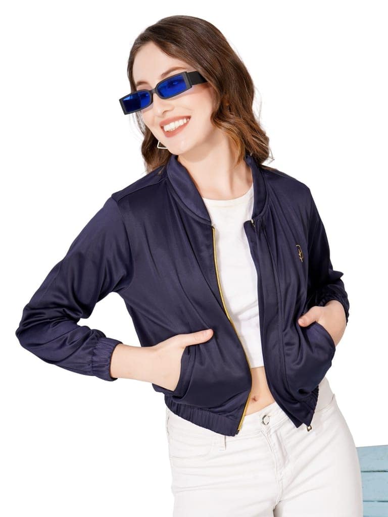Women Solid Casual Jacket (Navy Blue) view 3
