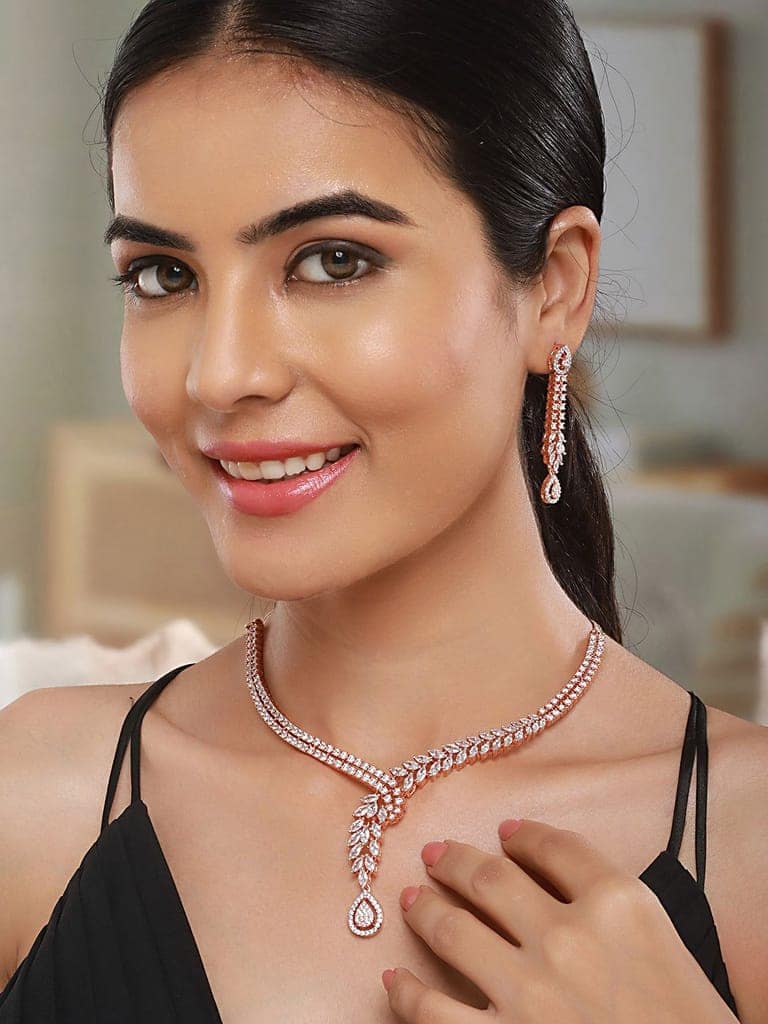 Rose Gold Plated Zircon Studded Luxe Pendant Necklace jewellery Set view 2