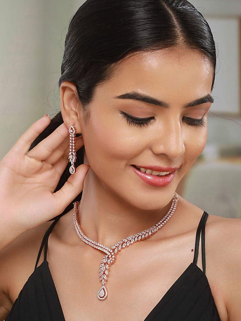 Rose Gold Plated Zircon Studded Luxe Pendant Necklace jewellery Set view 3