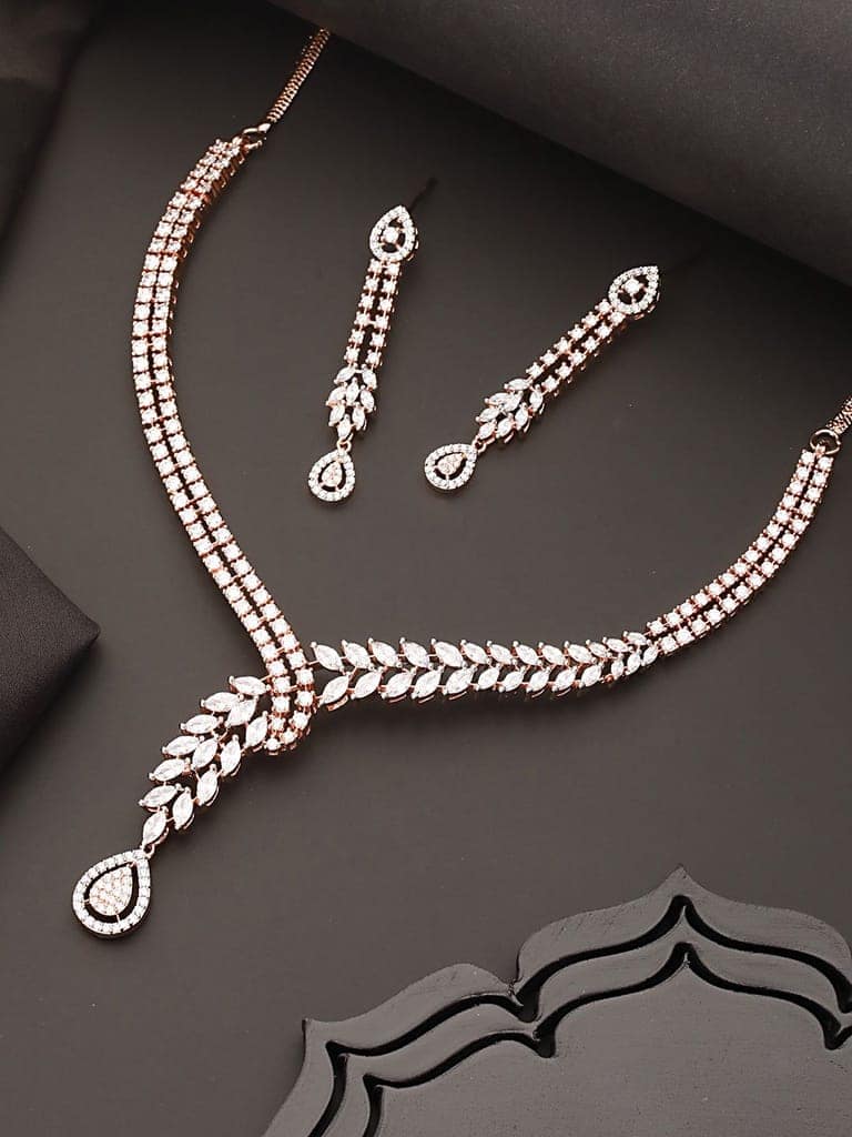 Rose Gold Plated Zircon Studded Luxe Pendant Necklace jewellery Set view 5