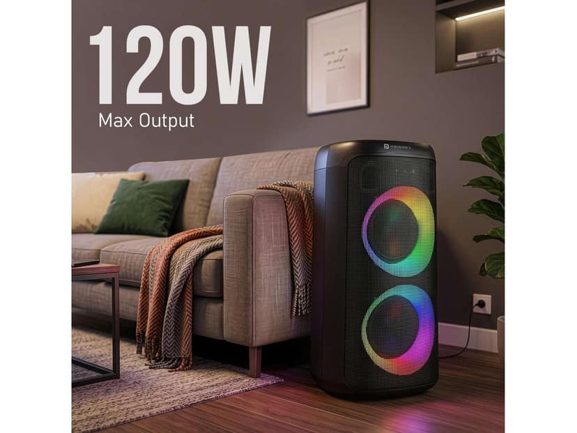 Portronics Dash 14 120W Party Speaker with Wireless Karaoke Mic, 4 Hours Playtime, Bass Boost Technology, RGB LED Lights, Dual Bass Driver - Black view 2