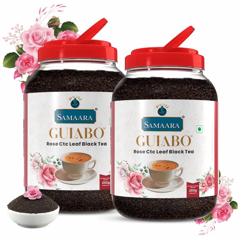 Jivvij Samaara Rose Black Tea | Flavoured CTC Assam Black Leaf Tea | Gulab Chai Patti Powder | Gulabo Jar