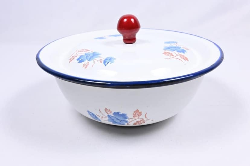 Vintage White Enamelware Bowl with Lid and Floral Design