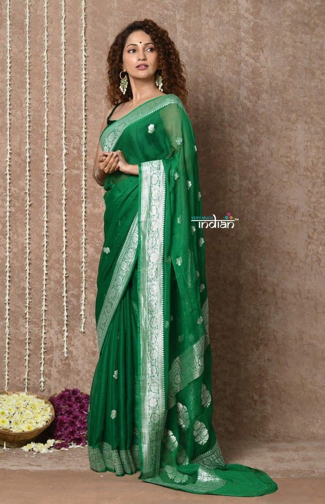 Handloom Khaddi Georgette Saree With Sleek Border ~ Dark Green (Silk Mark) view 2