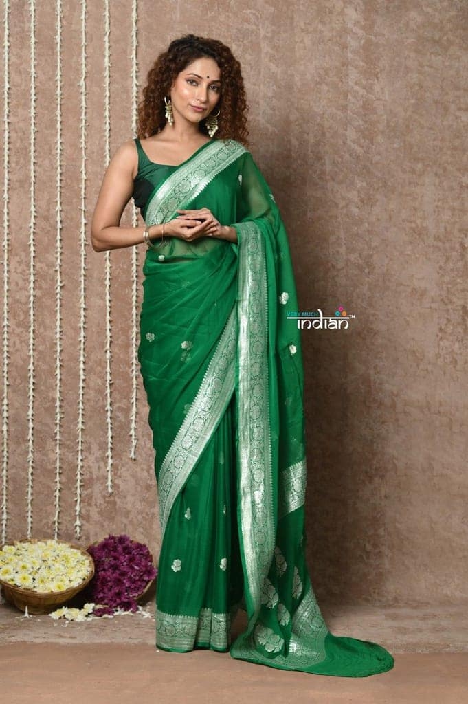 Handloom Khaddi Georgette Saree With Sleek Border ~ Dark Green (Silk Mark) view 3