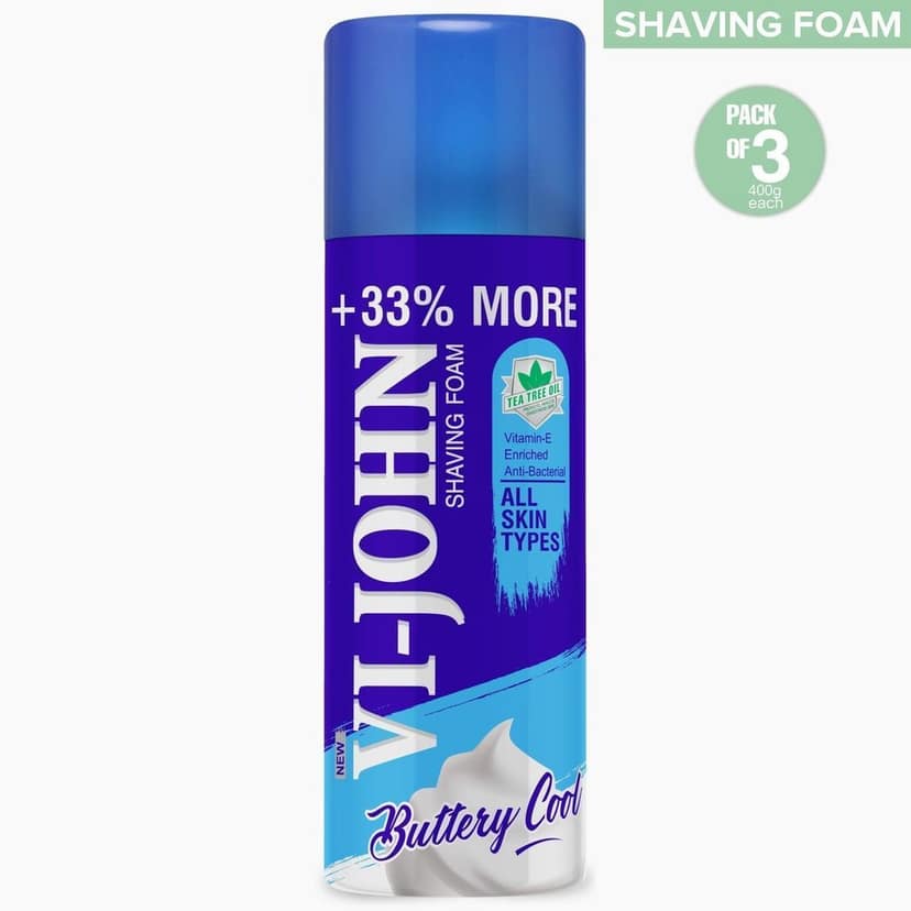 VI-JOHN Shaving Foam For All Skin Types With Tea Tree Oil, Vitamin E & Bacti Guard Formula 400 GM Each | Pack Of 3 1200 G