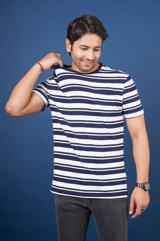 Men's Navy Striped Crew Neck T-Shirt