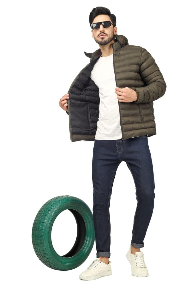 BlueFicus Mens Nylon Quilted Short Length Puffer Jacket (Olive Green) view 6