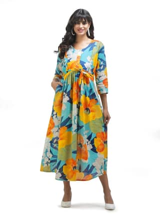 KOI Casual Maternity Dress with Floral Print Blue Yellow