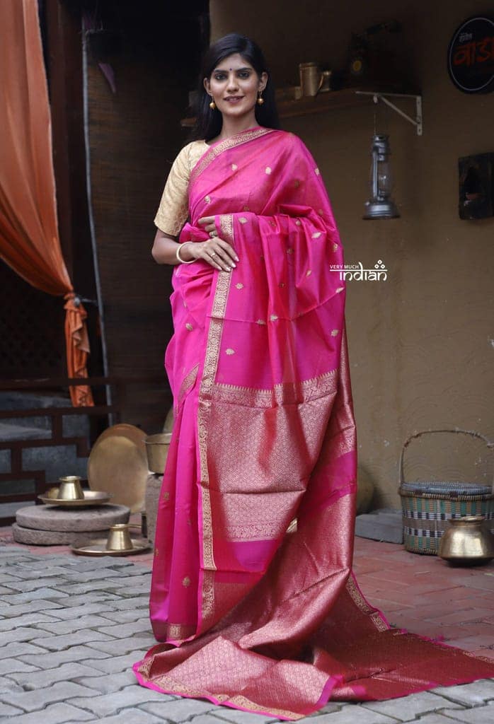 Utsaav ~ Banarasi Pure Cotton Silk Chanderi Handloom in Beautiful Rose Pink with Subtle Zari view 3