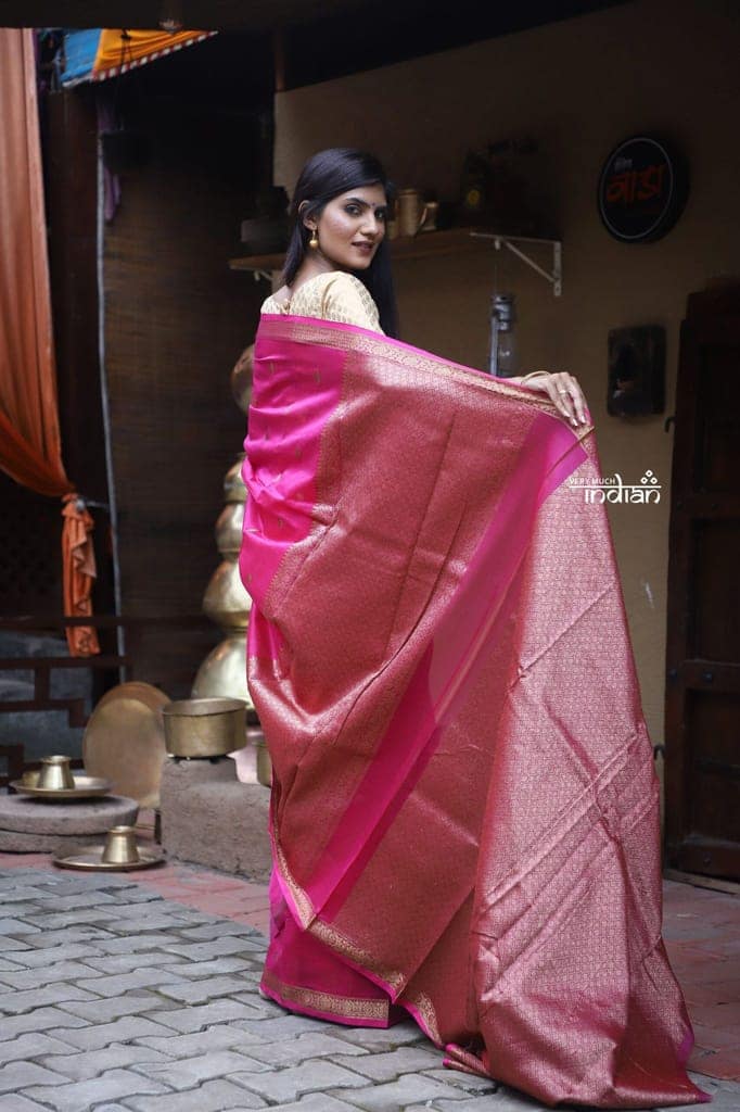 Utsaav ~ Banarasi Pure Cotton Silk Chanderi Handloom in Beautiful Rose Pink with Subtle Zari view 4