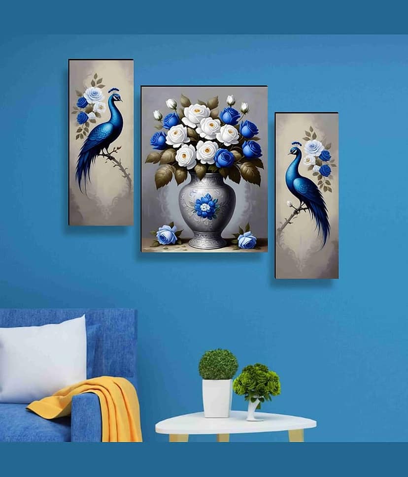 Livin'luxe Peacock with Blue & White Rose Wall Art – 3 Panel Royal Bird & Floral Vase Painting for Luxurious Living Room Décor 12 Inch x 20 Inch view 2