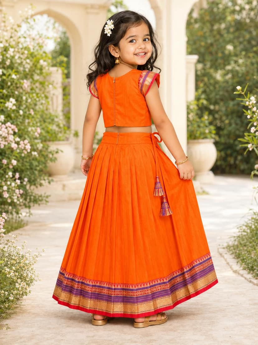 Mom and Me Girls’ Lehenga Choli/Parker Polka/Pattu Pavadai (0 Months–6 Years) | Acrylic Cotton with Soft Cotton Lining | V-Neck, Short Puff Sleeves, Zipper Closure (Orange, 3-4 Y) view 2
