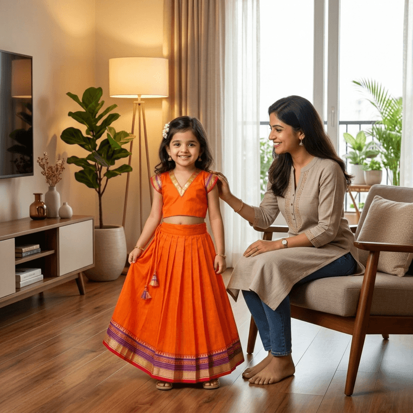 Mom and Me Girls’ Lehenga Choli/Parker Polka/Pattu Pavadai (0 Months–6 Years) | Acrylic Cotton with Soft Cotton Lining | V-Neck, Short Puff Sleeves, Zipper Closure (Orange, 3-4 Y) view 3