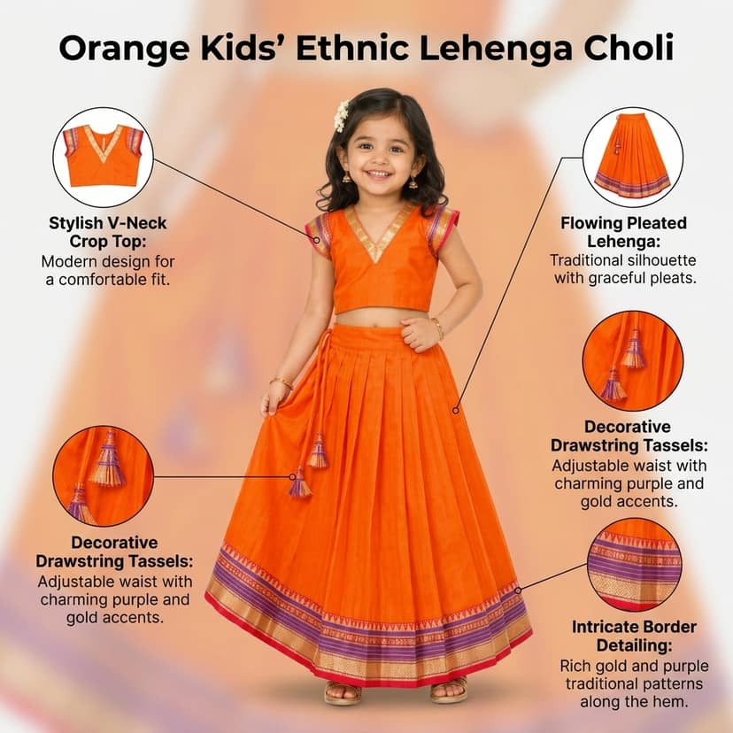 Mom and Me Girls’ Lehenga Choli/Parker Polka/Pattu Pavadai (0 Months–6 Years) | Acrylic Cotton with Soft Cotton Lining | V-Neck, Short Puff Sleeves, Zipper Closure (Orange, 3-4 Y) view 4
