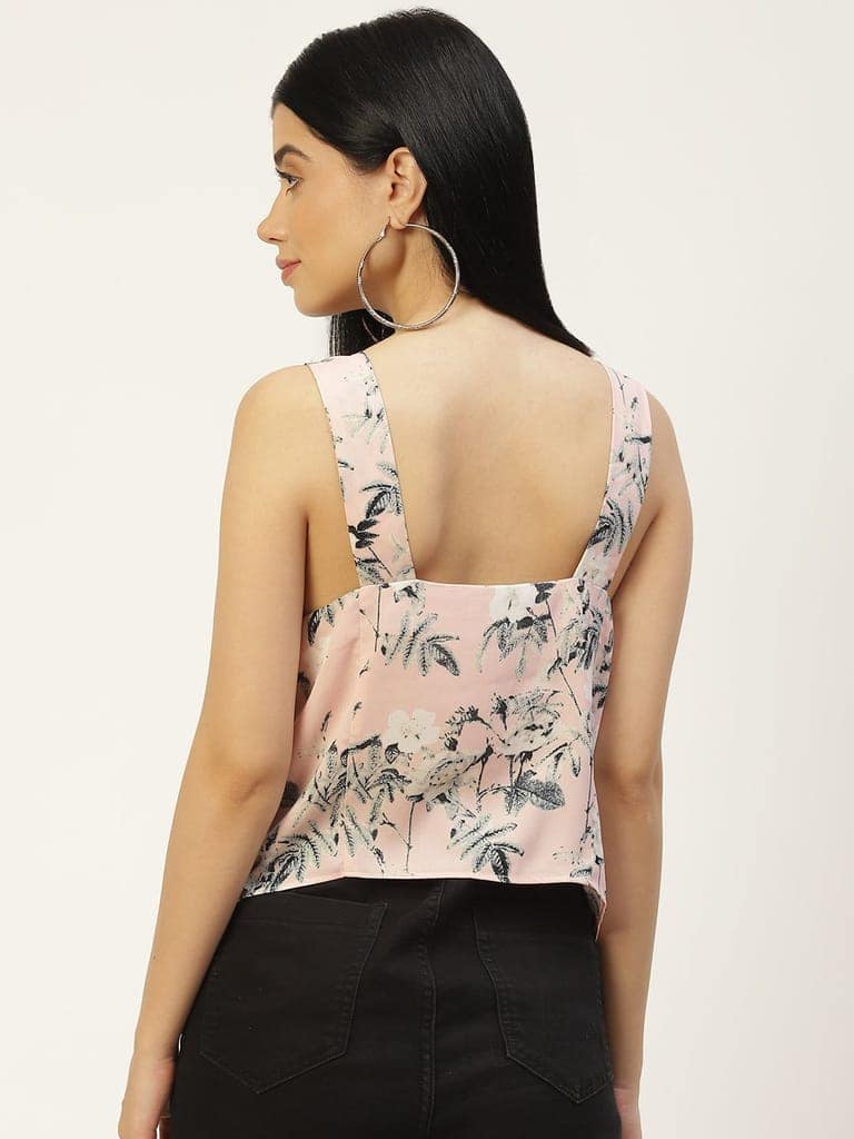 Pink & Grey Floral Print Cowl Neck Crepe Top view 4