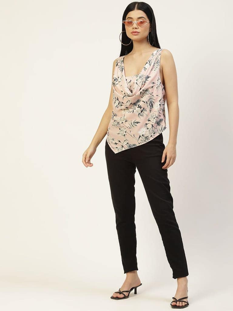 Pink & Grey Floral Print Cowl Neck Crepe Top view 5
