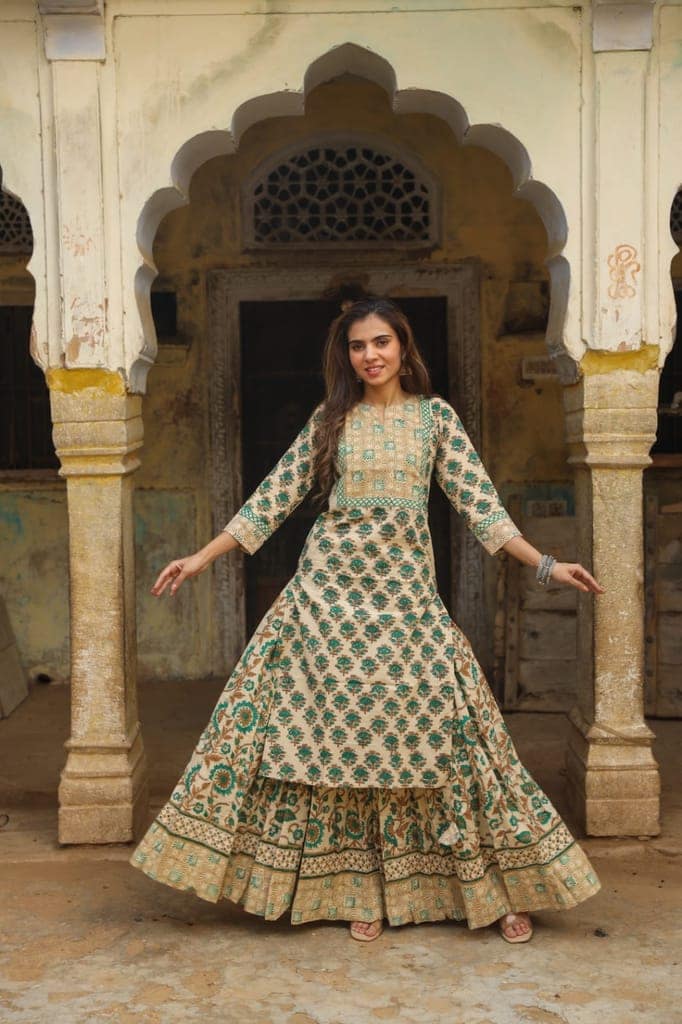 Cotton Skirt and Kurti Set (Size: 38-46) Cream Color Handblock Bagru Print-8280 view 3