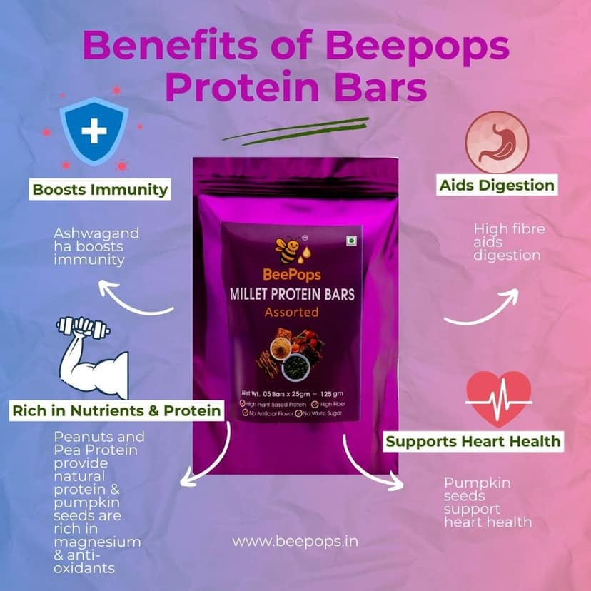 BeePops Super Savor Assorted Millet Protein Bars – 5 Bar Family Pack (5 Variants × 1 Each | 25g Per Bar) view 4