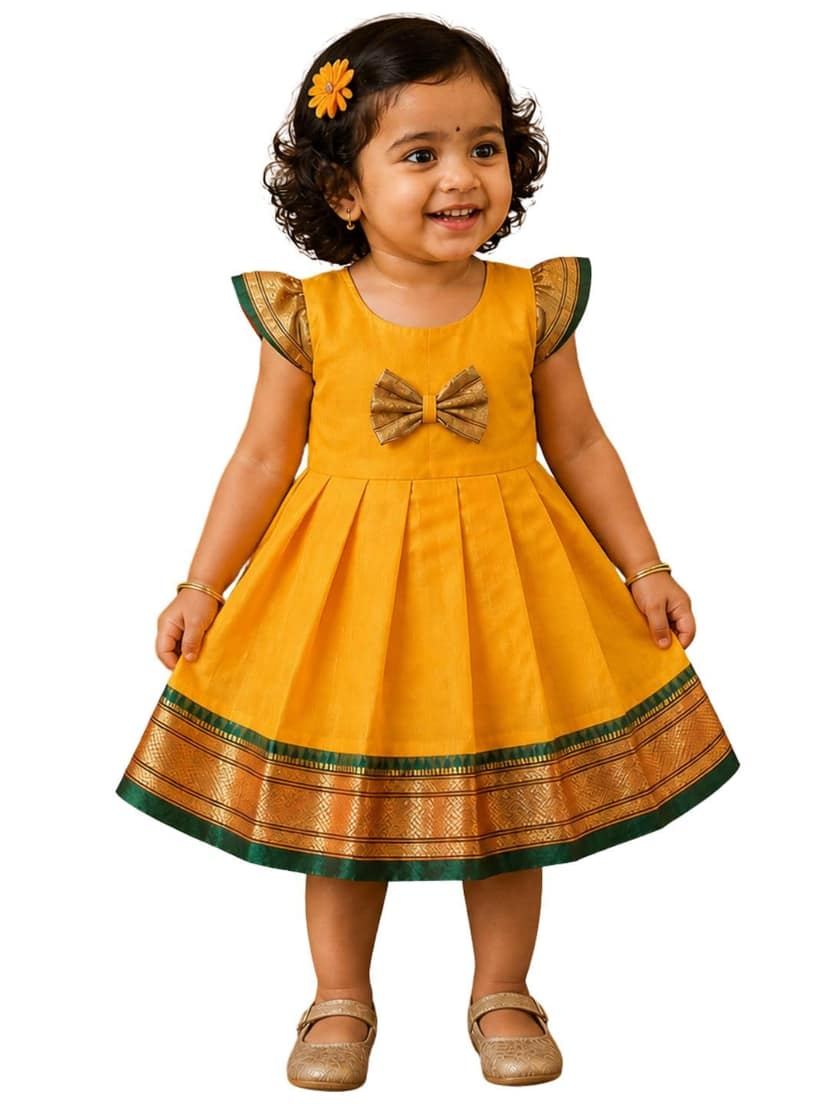 Mom and Me Baby Girls' Black Acrylic Cotton Dress Traditional Elegant Frock for 0-5 Years| Perfect for Festivals Family Gatherings, Celebrations (in, Age, 5 Years, 6 Years, Regular, Yellow)