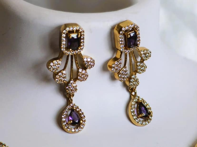 Gold Plated Kundan and Pearl Drop Earrings with Purple Stones view 2