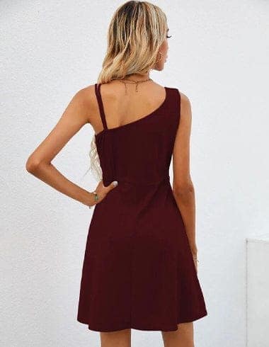 Crimson Chic: Flared Hem Asymmetric Dress in Burgundy view 2