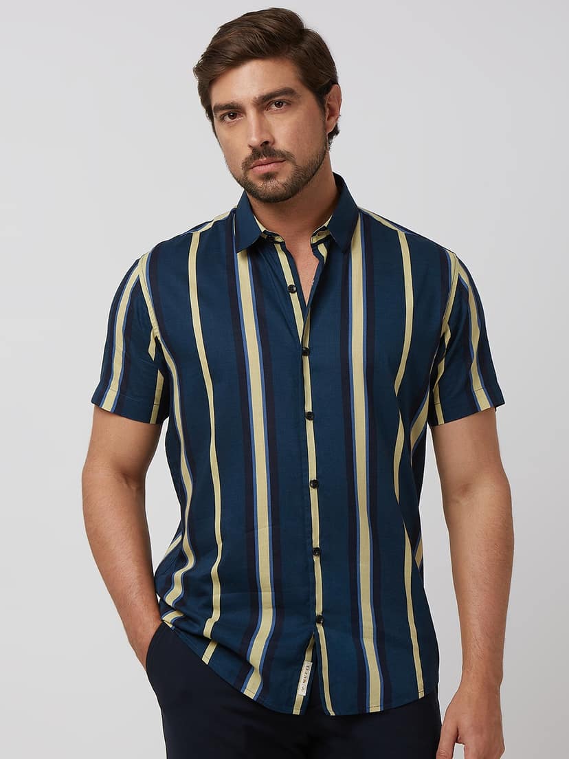 Navy Wide Stripe Slim Fit Casual Shirt