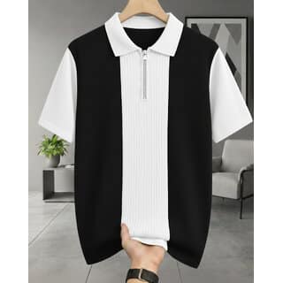 Ausk Mens Beige, Black Graphic Print Cotton Blend Polo Collar T-Shirt