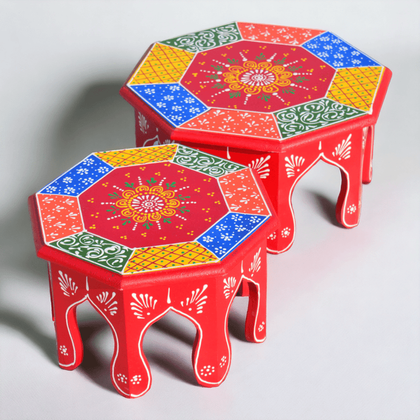 Wooden Hand Painted Octangle Stool Set of 2 view 2