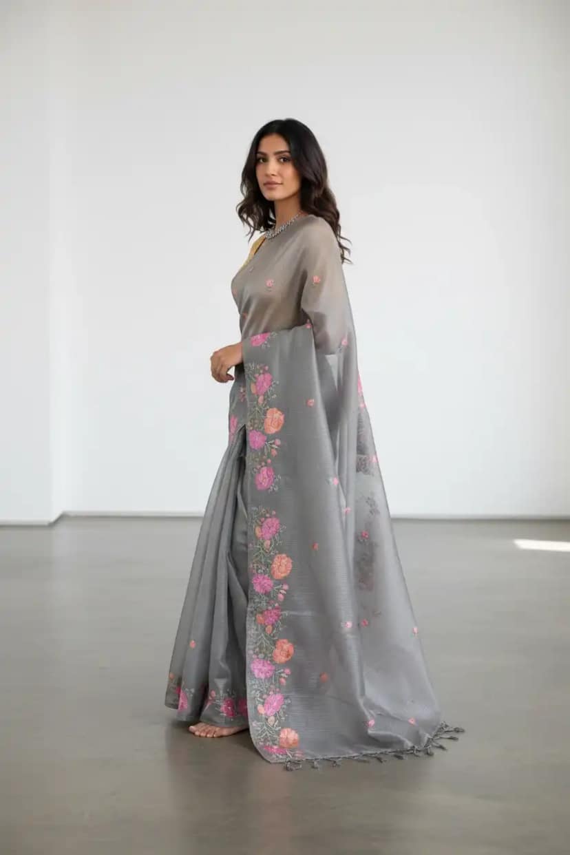 Steel Gray Kota Doria Cotton-Silk Saree with Block-Printed Floral Border