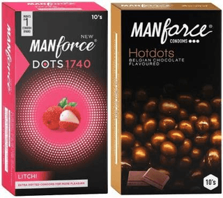 MANFORCE Extra Dotted Litchi Flavoured Condoms - 10 Pieces & Premium Hotdots Belgian Chocolate Condoms with Bigger Dots - 10 Pieces Condom (Set of 2 20 Sheets)