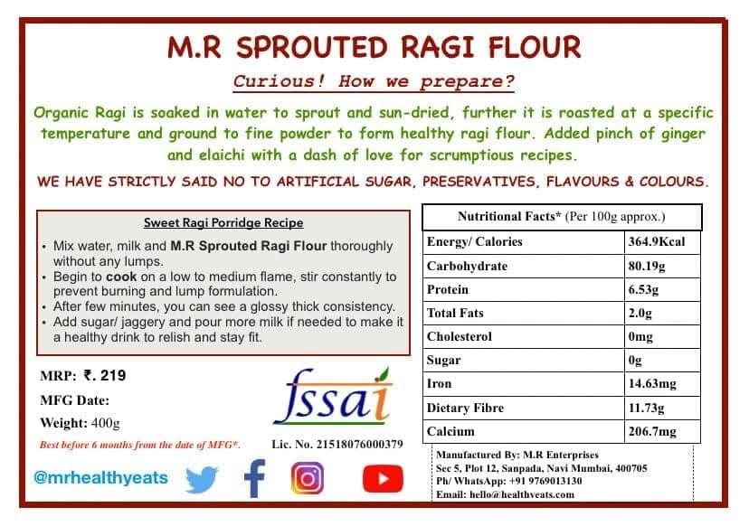M.R Healthy Eats- Organic Sprouted Ragi Flour for Kids & Adults In Food-Grade Container 400 gms each (Pack of 2) (+6 Months) view 4