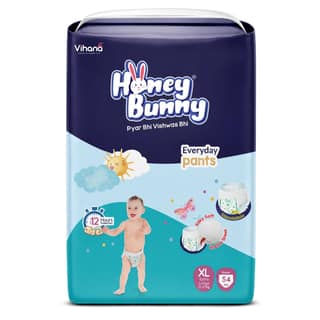 Honey Bunny Everyday Pants Baby Diapers | XL (12-17 kgs) - 54 Pieces | Silky Soft Bubble Top Sheet, 360 Super Soft Waistband, Airflow Material & 3D Leak Guard Honey Bunny Everyday Pants Baby Diapers | XL (12-17 kgs) - 54 Pieces | Silky Soft Bubble Top Sh