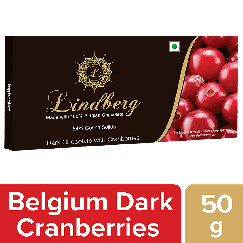 Lindberg 100% Belgian Dark Chocolate - Cranberries, 54% Cocoa Solids, 50 g