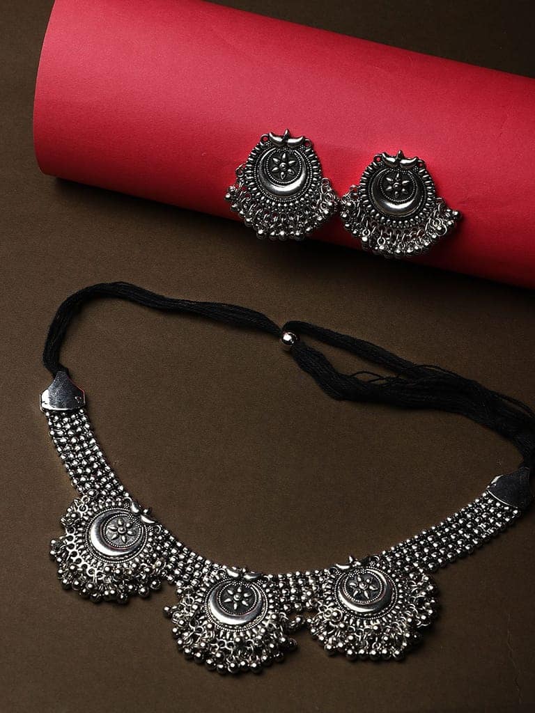 Cardinal Oxidized Silver Color Choker Necklace Set view 2