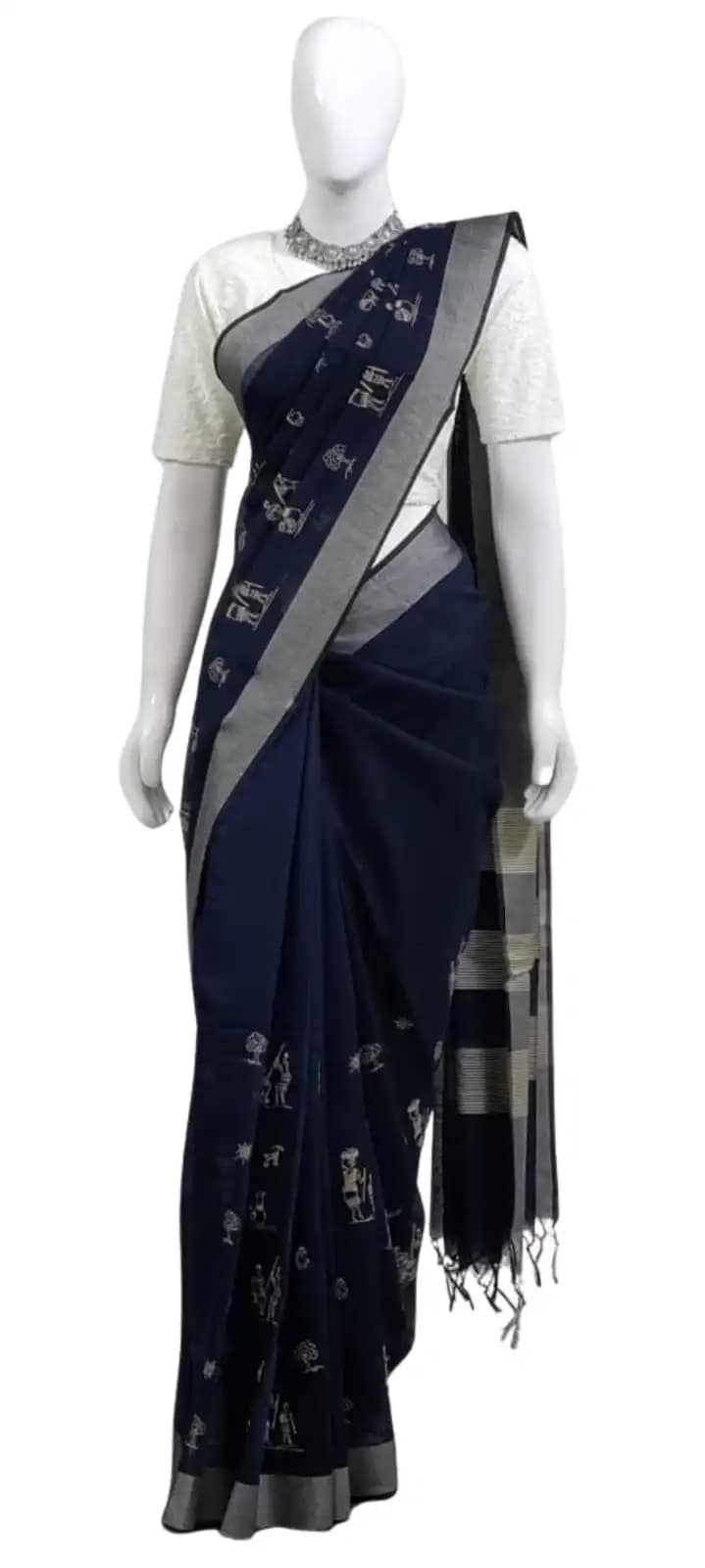 Saura Art Cotton Saree Navy Blue Tribal Figure Buti