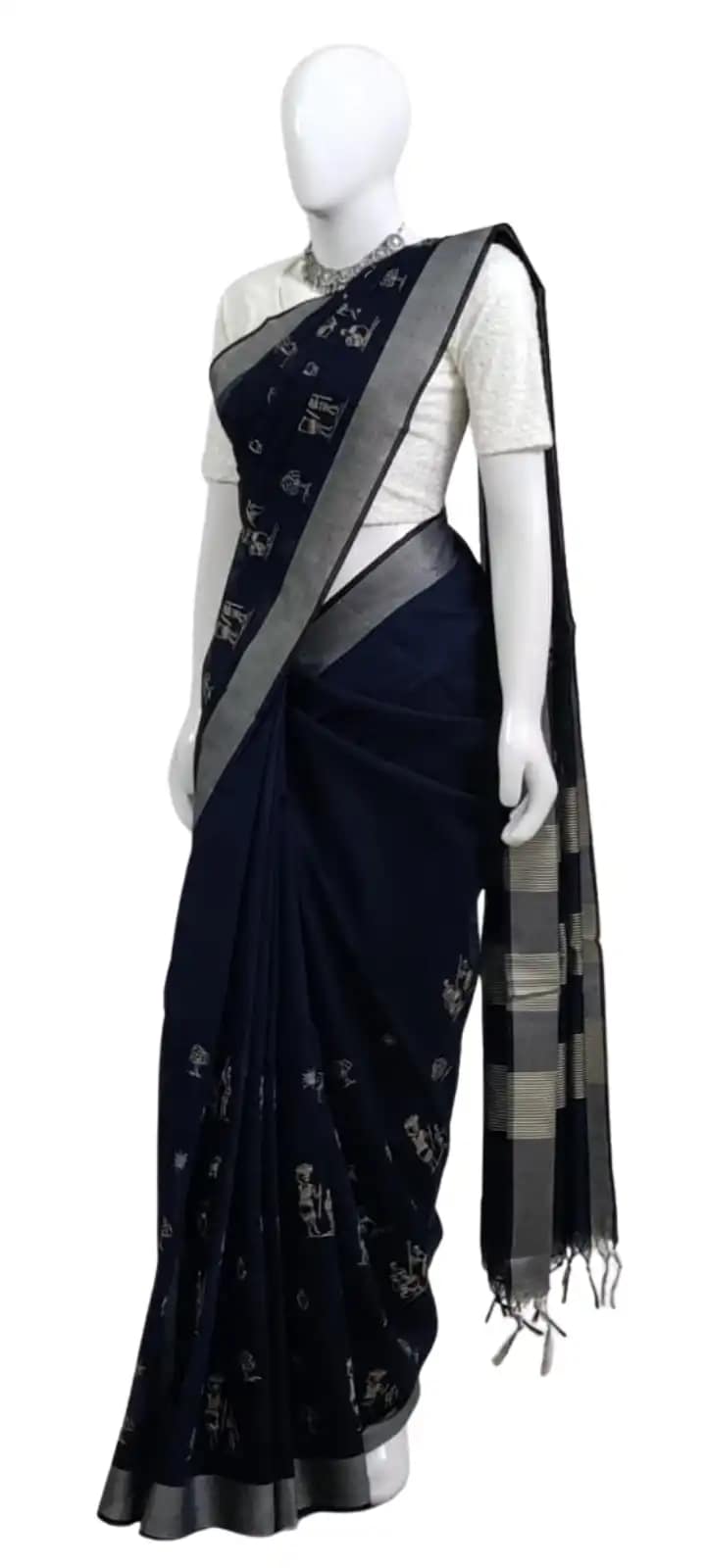 Saura Art Cotton Saree Navy Blue Tribal Figure Buti view 2