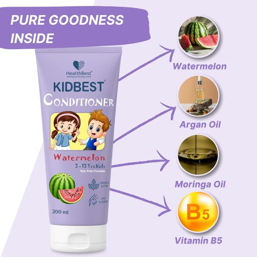 HealthBest Conditioner for Kids | Nourishing Hair | Hair Smoothing | Tear, Paraben, SLS free | Watermelon Flavor - 200ml view 4