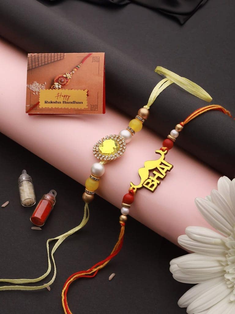 Set Of 2 Red Gold BHAI Thread Rakhi With Roli Chawal Pooja Plate view 2