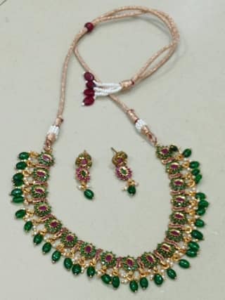 Gold-plated Kundan and Pearl Necklace Set with Green Beads