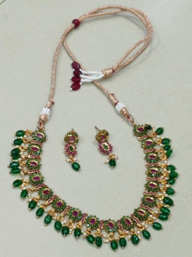 Gold-plated Kundan and Pearl Necklace Set with Green Beads