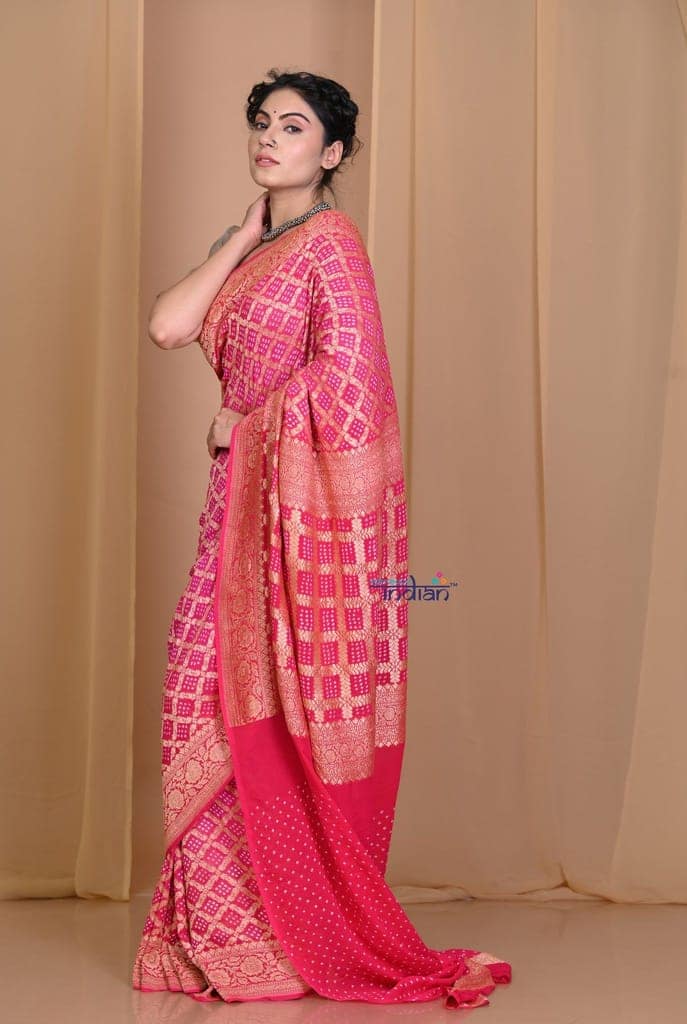 Pehal~ Authentic Handloom Pink Pure Khaddi Georgette Saree with Hand Bandhani. view 2