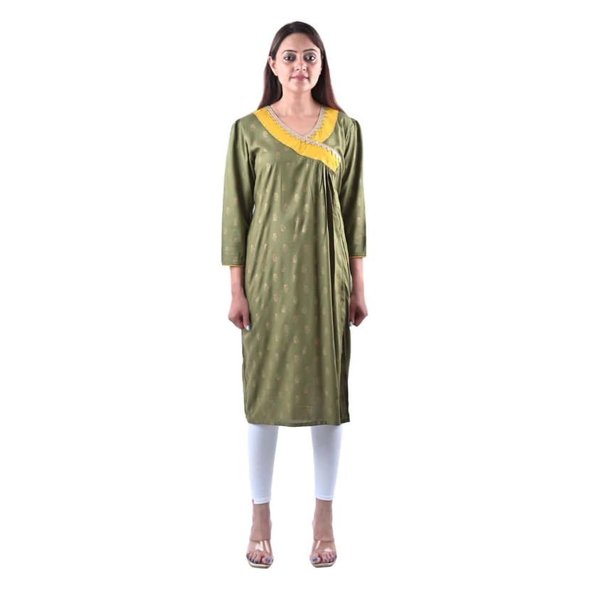 Cotton Rayon Mix Fabric Block Printed Straight Kurta with Side Slit Green Women's