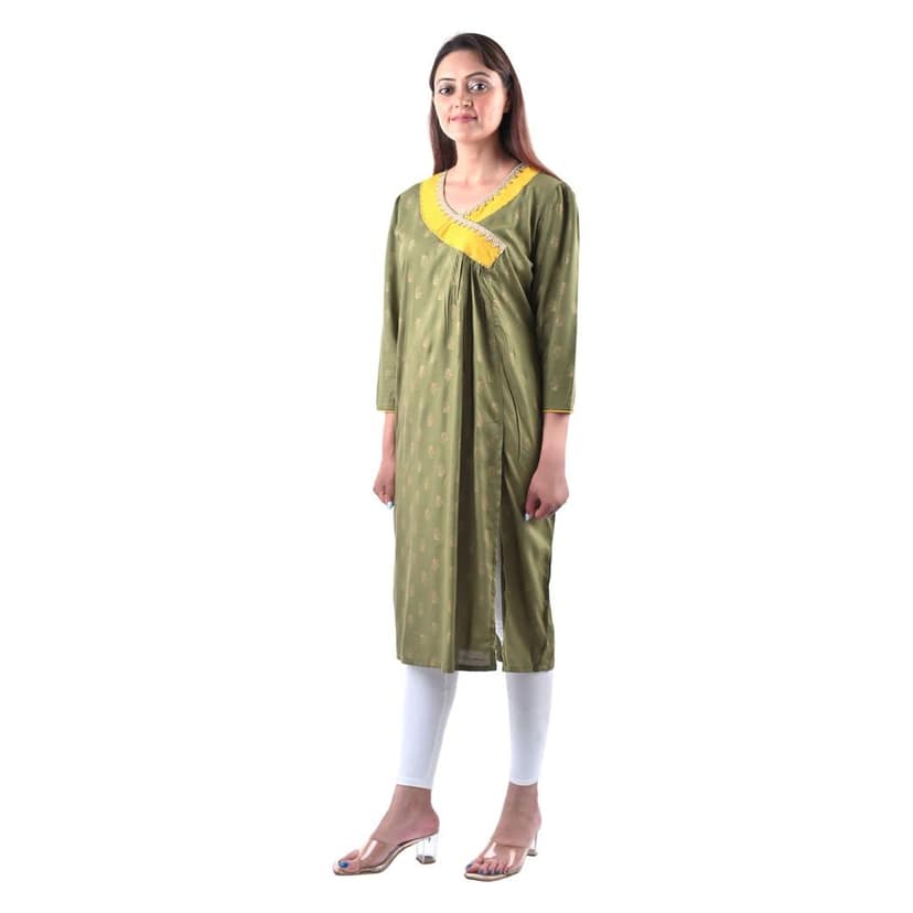 Cotton Rayon Mix Fabric Block Printed Straight Kurta with Side Slit Green Women's view 3