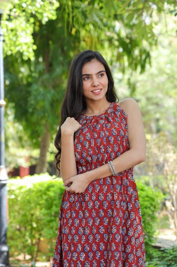 Pure Cotton Halter Neck Midi Red Dress Hand Block Printed (Size: 38-46)-5771 view 3