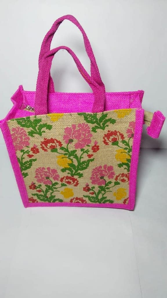 Pink Floral Jute Tote Bag view 2