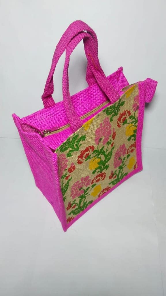 Pink Floral Jute Tote Bag view 4