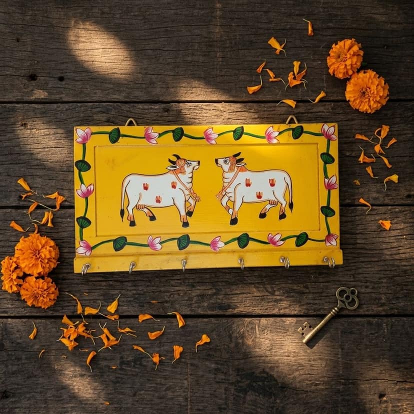 Hand Painted Two Cow Pichwai Art Wooden Yellow Color Key Holder